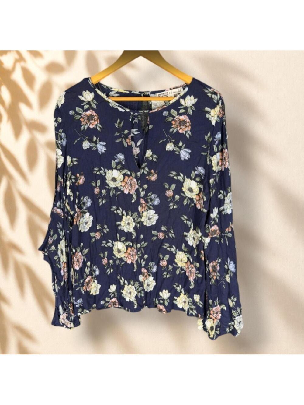 Gypsies & Moondust Blouse Women XL Blue Floral Long Sleeve Hook & Eye Casual